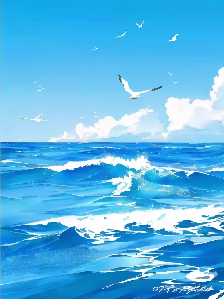 there are two seagulls Flying over the ocean on a sunny day, wild Ocean background, Sea background, Ocean background, Wallpaper Anime Blue Water, Beautiful Ocean, Blue Sea, sky and Ocean background, Sea and sky, Rough Seas, Flying over the ocean, Clouds、Wings and waves, Bright sea, Detailed sea, Beautiful sea view, realistic ocean, blue ocean,Seagull flying