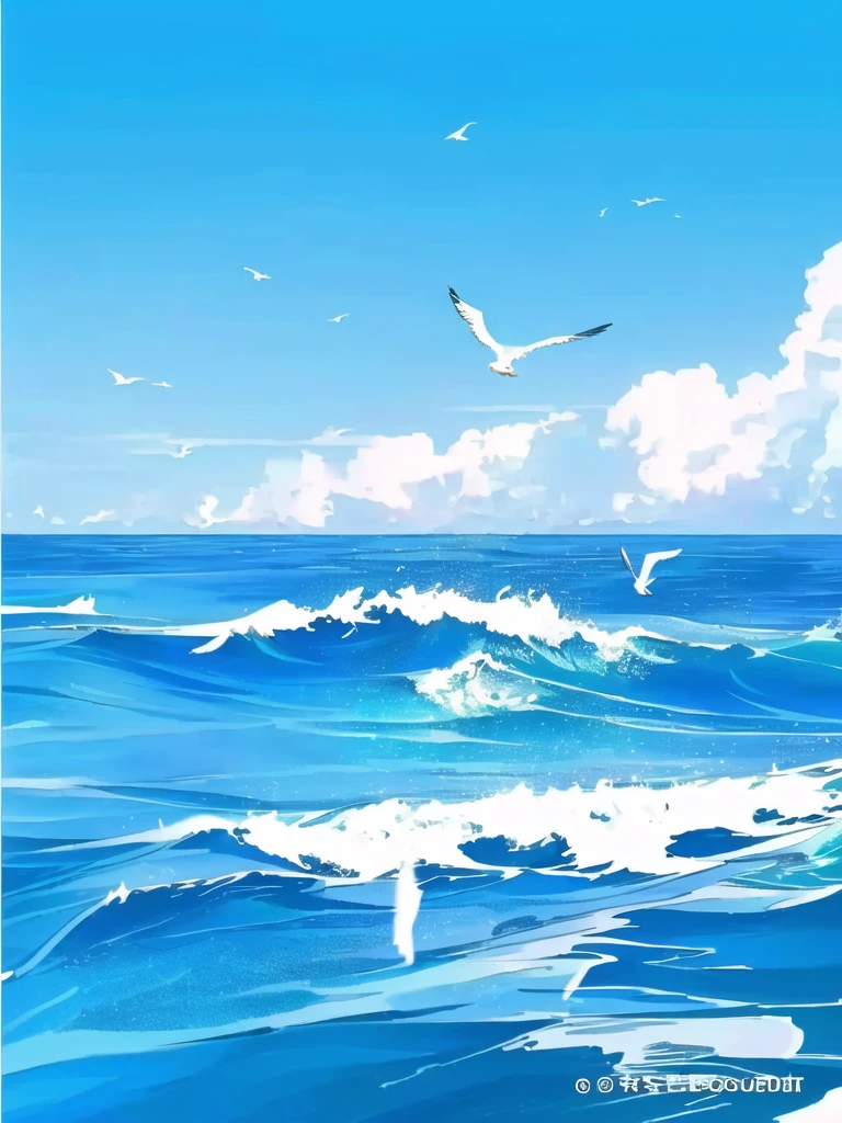 there are two seagulls Flying over the ocean on a sunny day, wild Ocean background, Sea background, Ocean background, Wallpaper Anime Blue Water, Beautiful Ocean, Blue Sea, sky and Ocean background, Sea and sky, Rough Seas, Flying over the ocean, Clouds、Wings and waves, Bright sea, Detailed sea, Beautiful sea view, realistic ocean, blue ocean,Seagull flying
