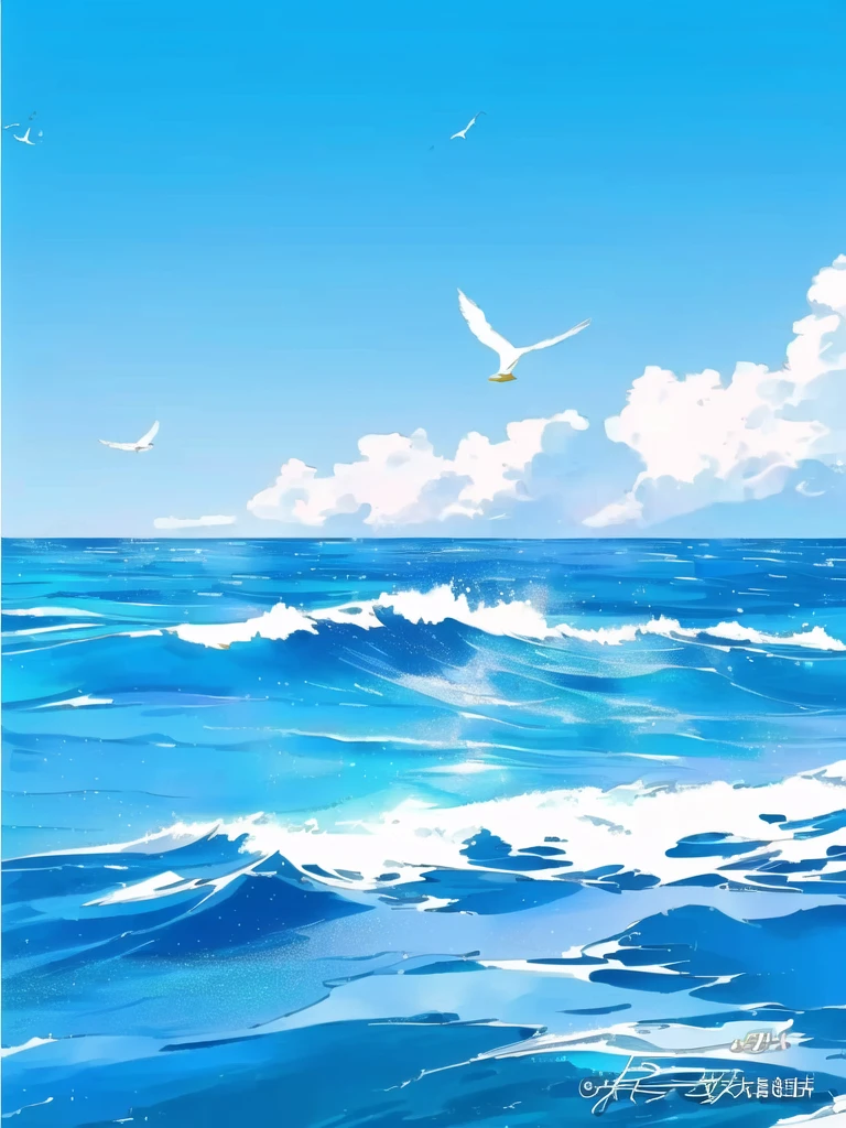 there are two seagulls Flying over the ocean on a sunny day, wild Ocean background, Sea background, Ocean background, Wallpaper Anime Blue Water, Beautiful Ocean, Blue Sea, sky and Ocean background, Sea and sky, Rough Seas, Flying over the ocean, Clouds、Wings and waves, Bright sea, Detailed sea, Beautiful sea view, realistic ocean, blue ocean,Seagull flying