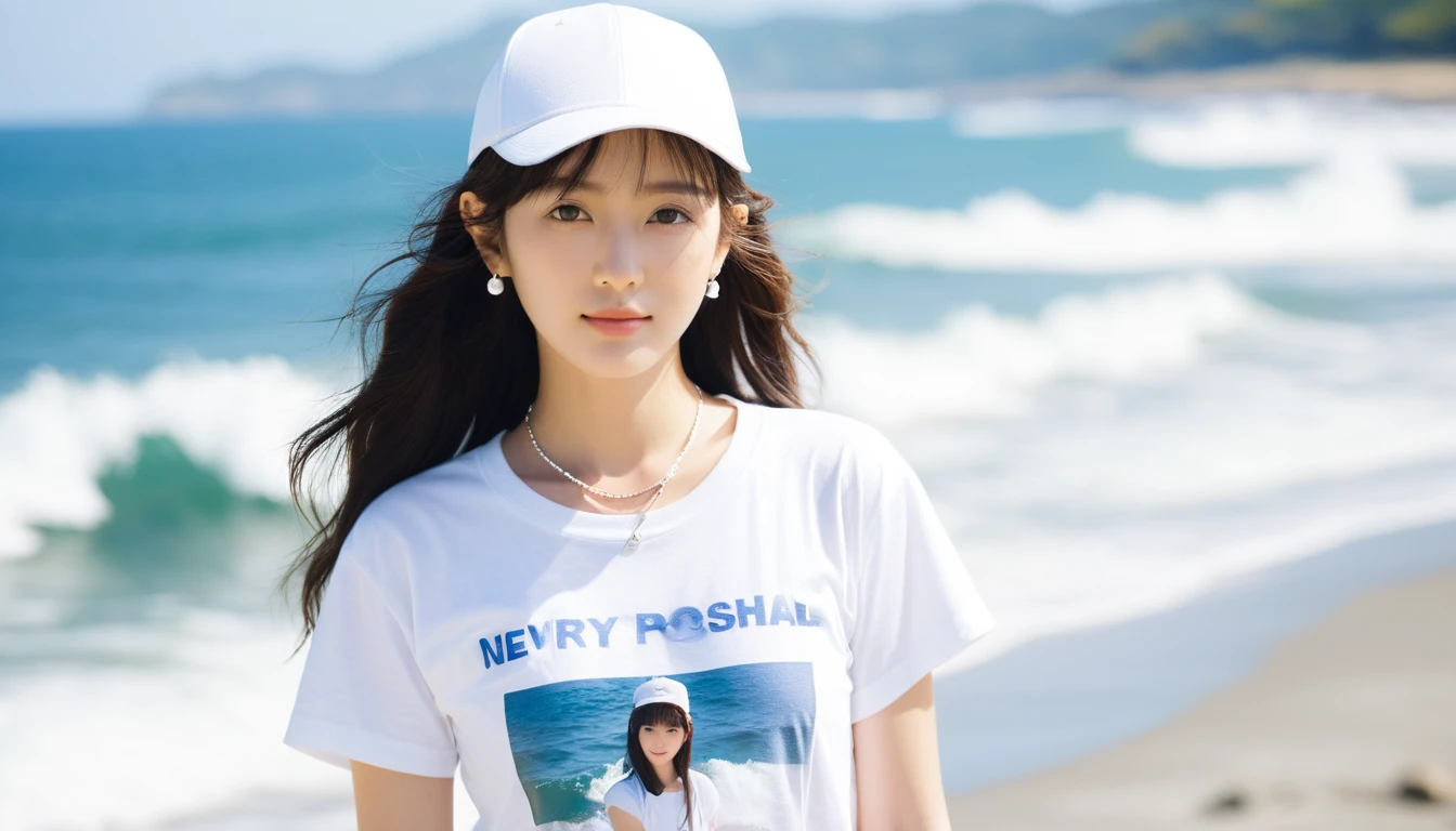 best quality, masterpiece,
Analog photo of Japanese idol girl wearing white t-shirt and white hat, looking at viewer, long hair, Headshots, hold one's hair with one's hand, enlargement, very beautiful detailed face, medium , (Cute face, looks tempting), eye level,
professional photos, high contrast exposure, soft bokeh, high key light, solid shadow, soft bokeh, wind, Coastal background with waves, wearing tiny earrings and a very thin necklace