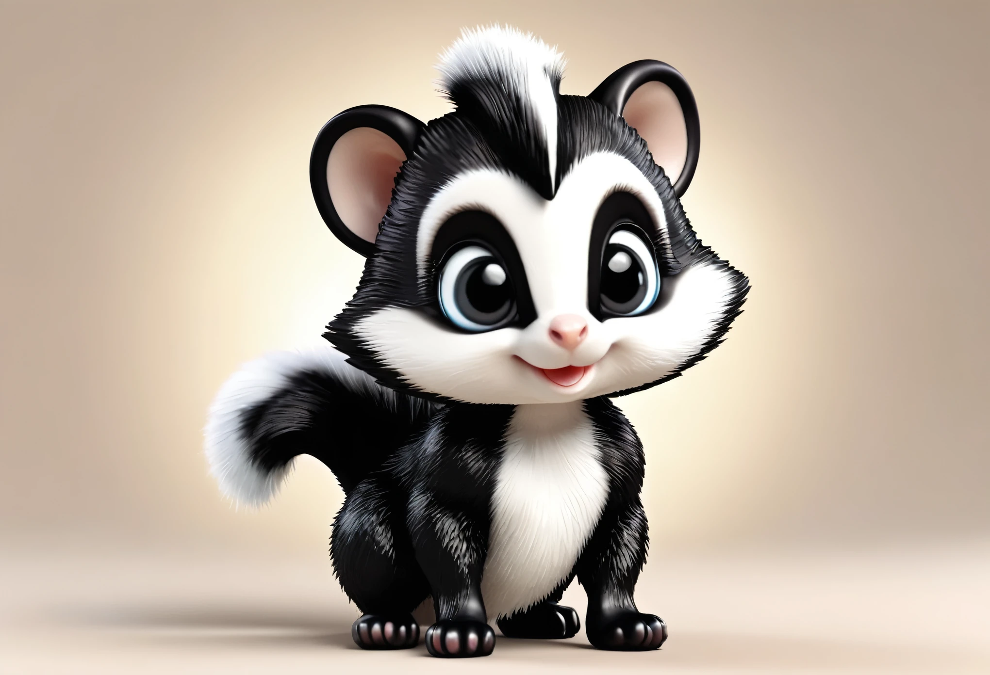 Chibi-style 3D baby skunk with exaggerated features, large head, huge sparkling eyes, tiny body, short limbs, radiating joy, positioned center frame, cute and endearing aesthetic, full-body view, soft fur texture, cheerful expression, embraced by warm, soft lighting, ultra fine details, digital render.