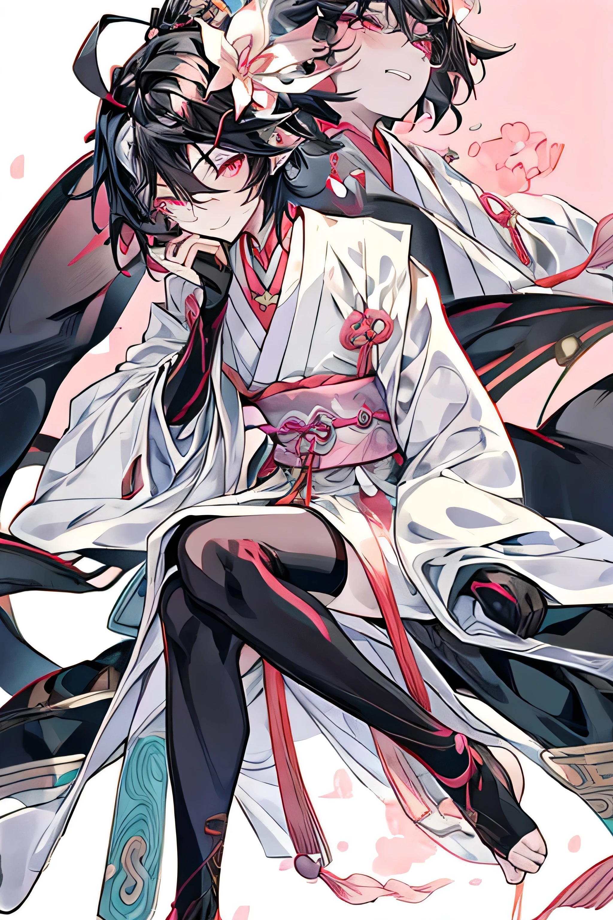 only 1 boy, full body, show feet, Foot close-up, foot focus, feet, smell, Shota, Leg ring, toeless stocking, Stirrup legwear, Shota, Hanfu, Chinese style, black hair, streaked hair, ahoge, gradient hair, short hair, bell, butterfly hair ornament, flower on head, heart-shaped pupils, pink eyes, gradient eyes, earrings, light smile, UHD, retina, masterpiece, accurate, anatomically correct, textured skin, super detail, high details, high quality, award winning, best quality, 