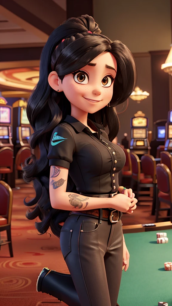 Woman with waist-length hair, black tattoo, busty arm, cell phone in hand in a casino, cigarette smiling blouse nike