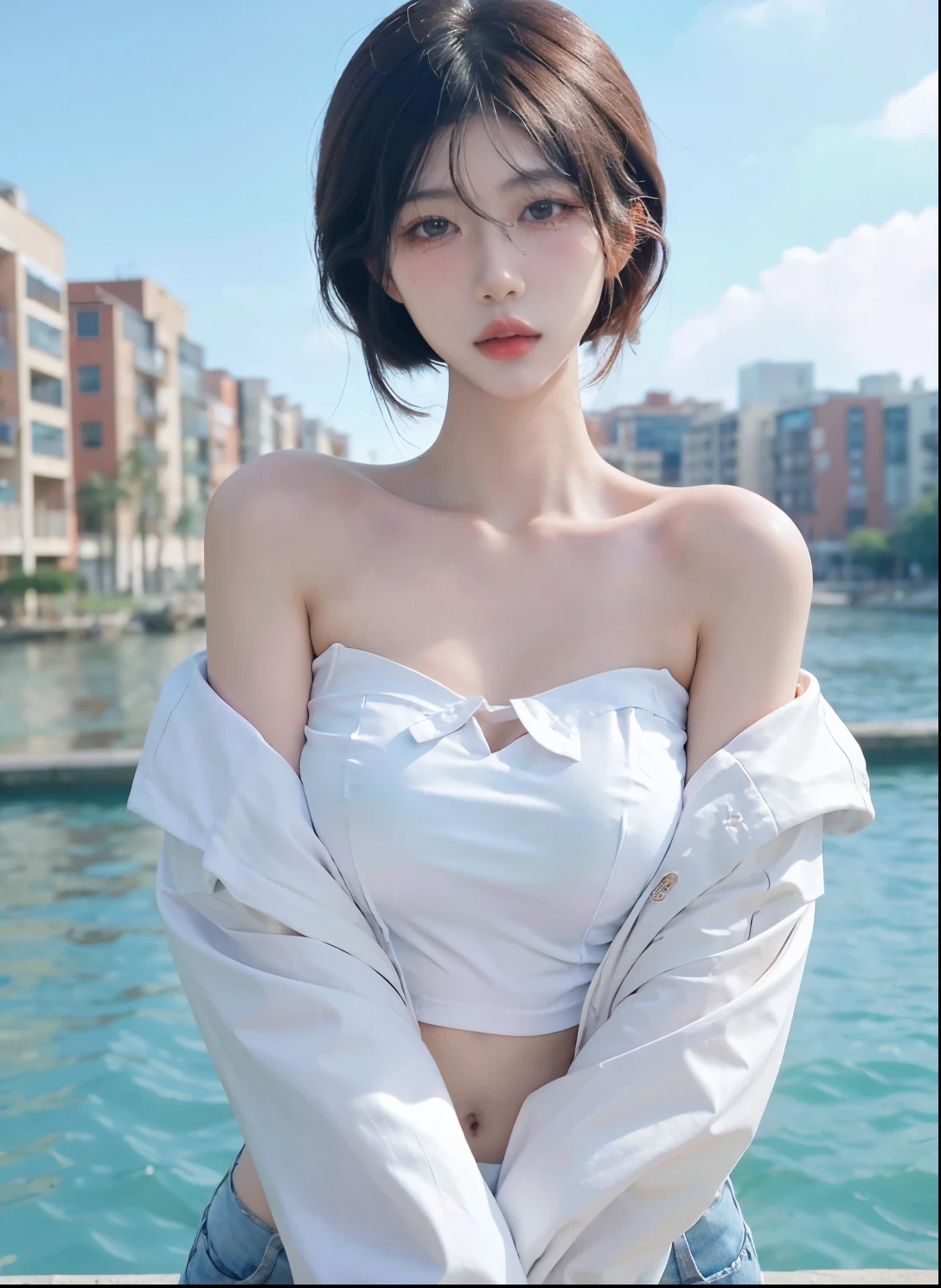 Beautiful woman with perfect figure:1.4，Ultra-high resolution，wear glasses，White背景，（lifelike：1.4），Layered Hairstyle，White皮肤，Super short pleated skirt，whole body，Very delicate face and skin texture，Double eyelids，Skin Whitening，Long hair，White hair，White，