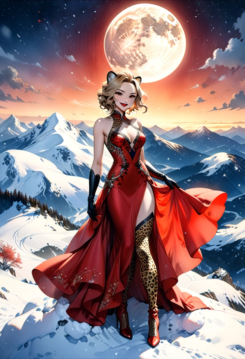 a watercolor picture of a female cheetah anthomorph wearing a red evening dress, elegant, intricate detailed dress, silk dress, she wears elegant high heeled boots, exquisite high heeled boots, female cheetah anthomorph, (wild beauty: 1.3) , (ultra feminine: 1.2), ultra detailed face, fangs revealing smile, she stands on the the top of a snowy mountain, elegant cocktail party on the top of a snowy mountain background, night time, some stars the moon is rising, best details, best quality, highres, ultra wide angle, 16k, [ultra detailed], masterpiece, best quality, (extremely detailed), full body, ultra wide shot, photorealistic, ladyshado, Cinematic Hollywood Film style