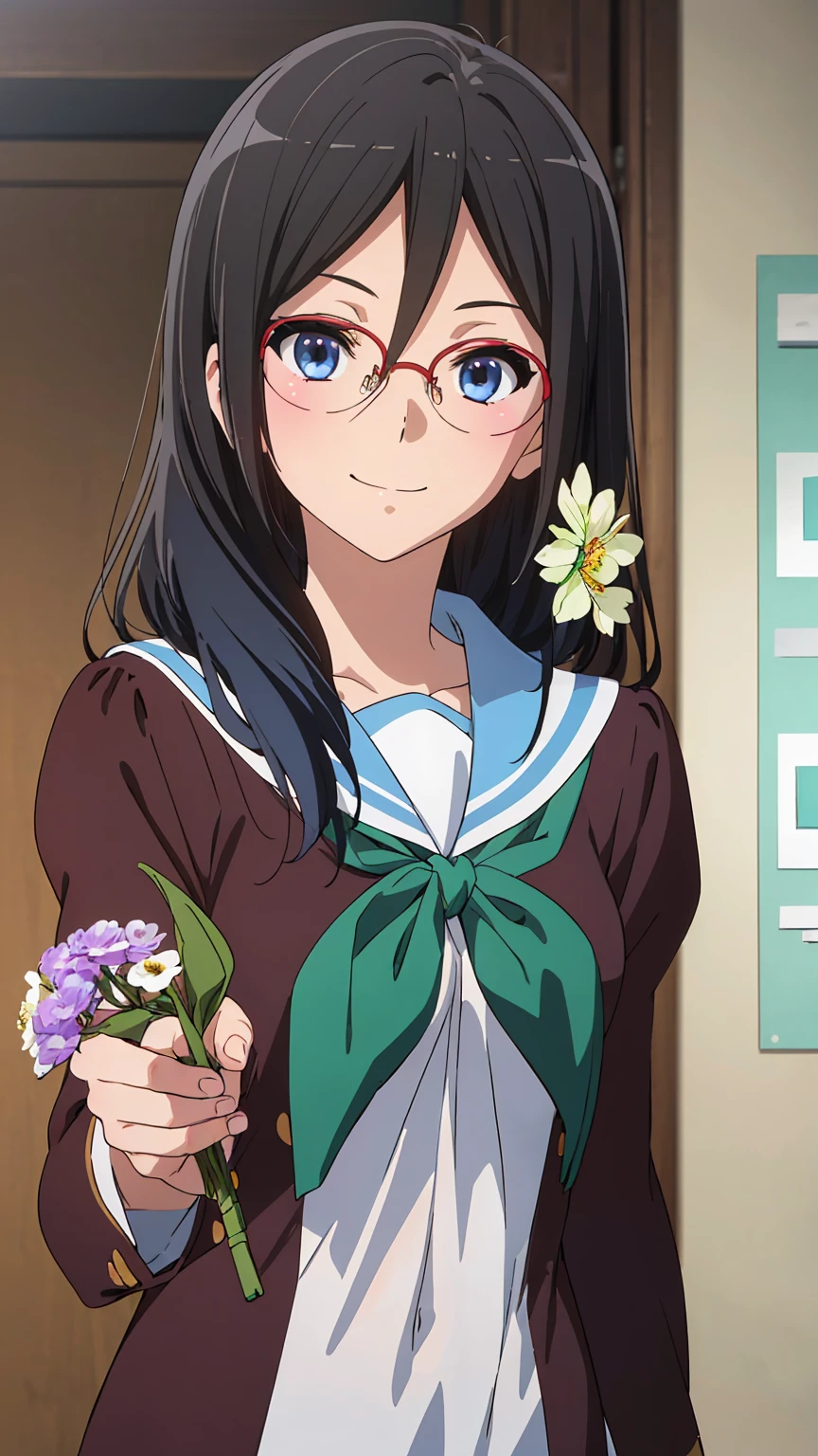 solo, 1girl, looking at viewer, sketch, flat colors, 2D, anime, anime coloring, upper body, , asuka tanaka, kitauji high , serafuku, blue sailor collar, green neckerchief, looking at viewer, smile (holding a flowers viewing it to the viewer: 1.5) 