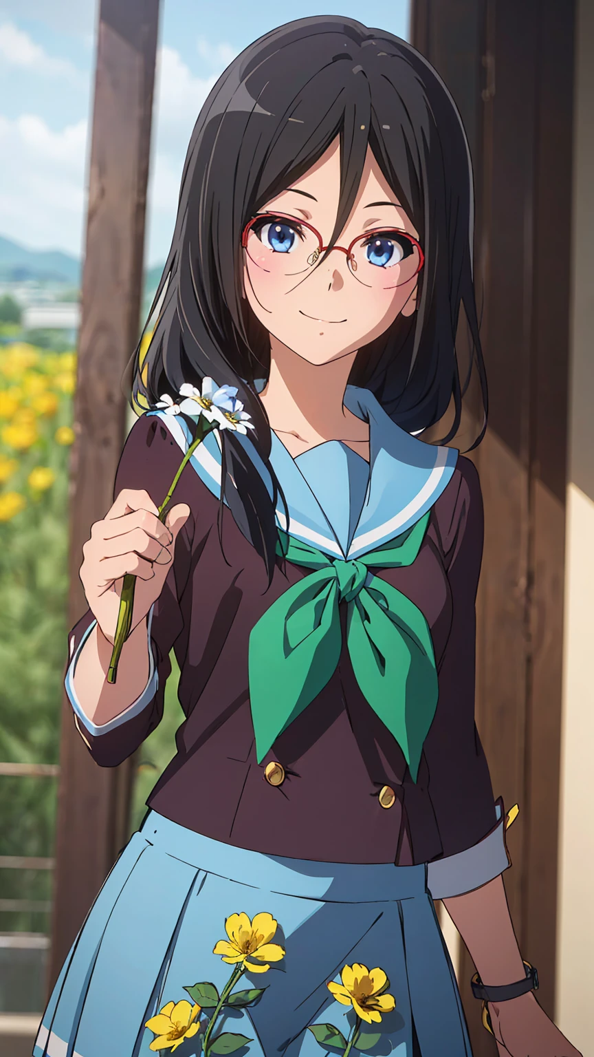 solo, 1girl, looking at viewer, sketch, flat colors, 2D, anime, anime coloring, upper body, , asuka tanaka, kitauji high , serafuku, blue sailor collar, green neckerchief, looking at viewer, smile (holding a flowers viewing it to the viewer: 1.5) 