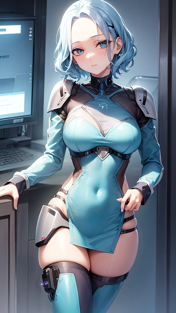 a sexy elite girl, beautiful, tall, wavy light blue hair, short cut, short forehead, her soft green eye, purple eyelashes, she wears a robotic metallic top, a military ship&#39;s aerial suit and pants, a gray military aerial suit&#39;s armor, black gloves, her hand, her back, her elite wing position.