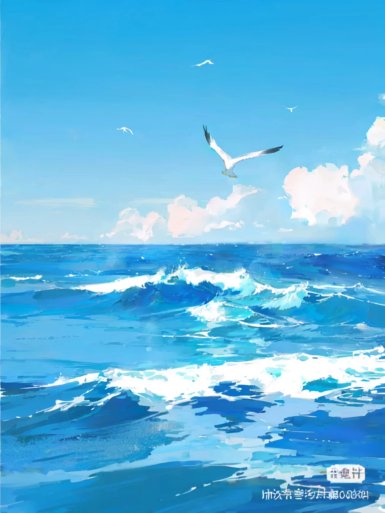there are two seagulls Flying over the ocean on a sunny day, wild Ocean background, Sea background, Ocean background, Wallpaper Anime Blue Water, Beautiful Ocean, Blue Sea, sky and Ocean background, Sea and sky, Rough Seas, Flying over the ocean, Clouds、Wings and waves, Bright sea, Detailed sea, Beautiful sea view, realistic ocean, blue ocean,Seagull flying