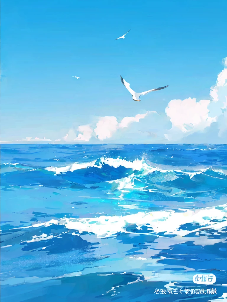 there are two seagulls Flying over the ocean on a sunny day, wild Ocean background, Sea background, Ocean background, Wallpaper Anime Blue Water, Beautiful Ocean, Blue Sea, sky and Ocean background, Sea and sky, Rough Seas, Flying over the ocean, Clouds、Wings and waves, Bright sea, Detailed sea, Beautiful sea view, realistic ocean, blue ocean,Seagull flying