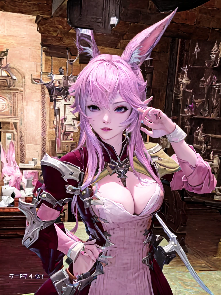 There is a woman with pink hair and bunny ears standing in a room, final fantasy style 14, final fantasy 14 sharp, neferpitou, Final Fantasy XIV, Final Fantasy 1 4 screenshot, She is in the potions workshop, wearing cyber bunny ears, ffxiv, close-up portrait of an artificer, Final Fantasy 1 4, tiflin hermosa con su traje de caballera negra sosteniendo una espada en un lobby del juego y pose de guerrera