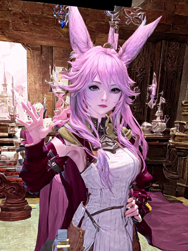 There is a woman with pink hair and bunny ears standing in a room, final fantasy style 14, final fantasy 14 sharp, neferpitou, Final Fantasy XIV, Final Fantasy 1 4 screenshot, She is in the potions workshop, wearing cyber bunny ears, ffxiv, close-up portrait of an artificer, Final Fantasy 1 4, tiflin hermosa con su traje de caballera negra sosteniendo una espada en un lobby del juego y pose de guerrera