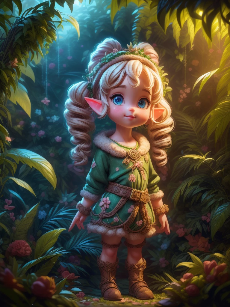 ((curly pigtails hair girl)), ((only anatomical hands)), full body, ((wearing a elf cloth)), in high technology over plant grown jungle, 8k, RAW photo, best quality, masterpiece, high detail RAW color photo, dramatic lighting, cinematic lighting, back light, professional lighting