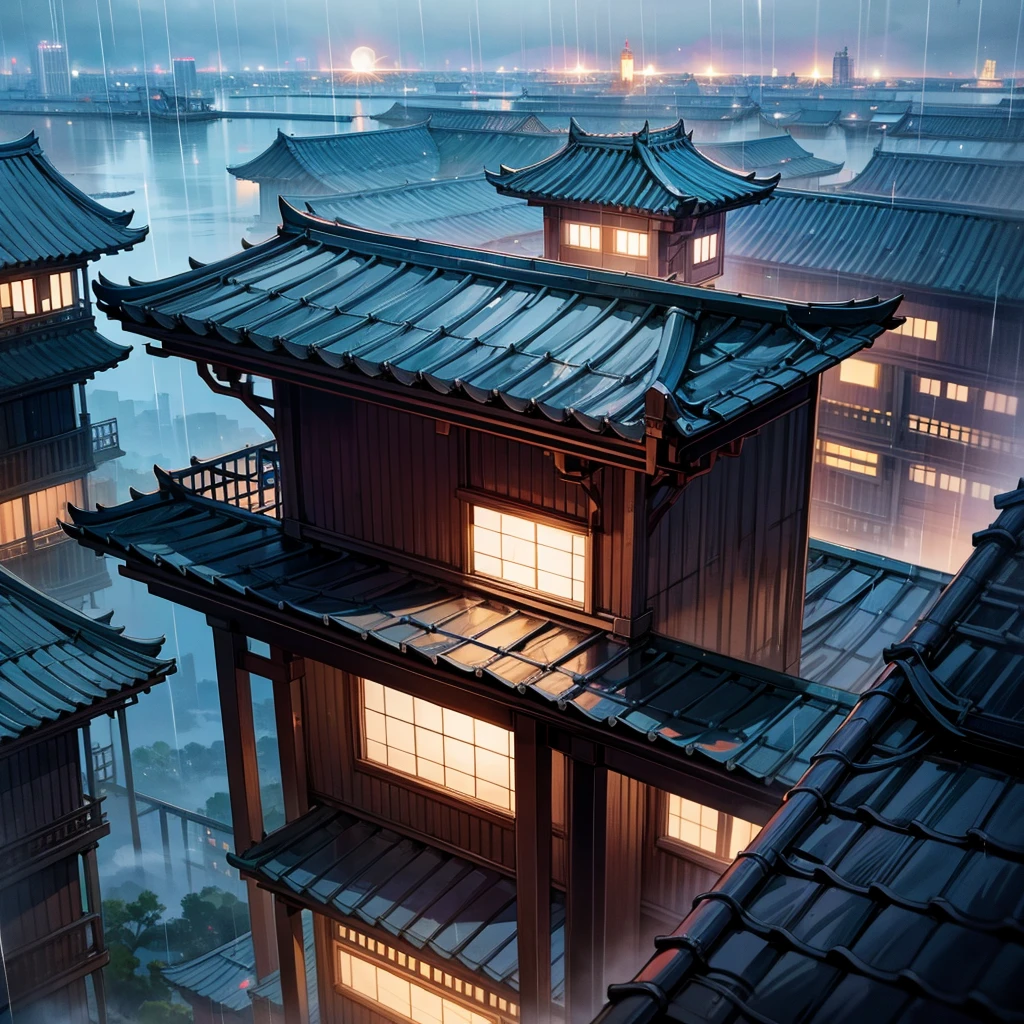 the girl on rooftop buiding in rainy season