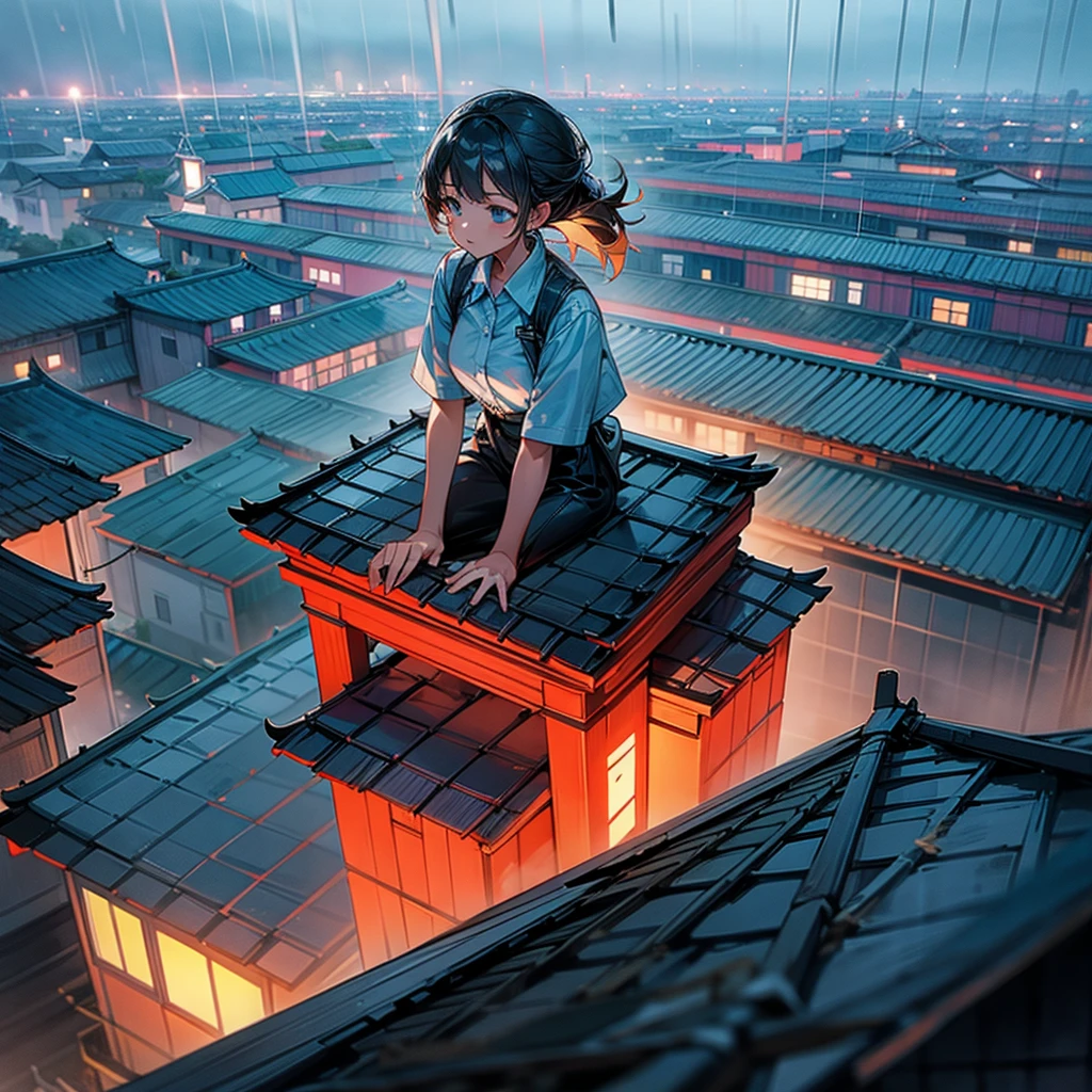 the girl on rooftop buiding in rainy season