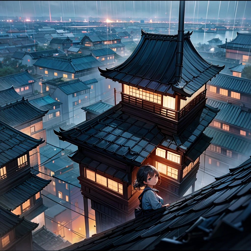 the girl on rooftop buiding in rainy season