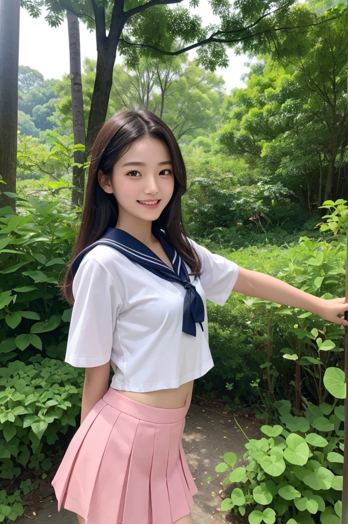 Image resolution 8K、masterpiece:1.3)、Beauty、1 female、(魅力的なbody:1.2)、abdomen:1.1、Dark Brown Hair:1.1、(body:1.2)、Ultra-detailed face、Attractive lips、double eyelid、Ultra-realistic and detailed Japanese school girl in a white short-sleeved sailor suit and pink skirt、Japanese women、10th generation(17 years old)、There is a forest in the background and they are playing in a stream.、Smiling with a nice smile、The belly button is visible、Hair fluttering in the wind、