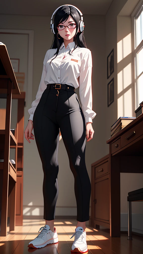 whole body, entire body, full body, total body, upright stance, ????? posture, athletic shoes, waist, 20-years-old beautiful office working female, (black rim glasses), (white headphones), black hair, date clothes, Correct outfit for early summer, intellectual atmosphere, knowledge, scholarship, enthusiasm, front of whole body, immersion, concentration, sense of accomplishment, cinematic lighting, masterpiece, top quality, 4K, academic atmosphere, (masterpiece), (best quality), ultra-high res, sharp focus, high definition eyes, anime style