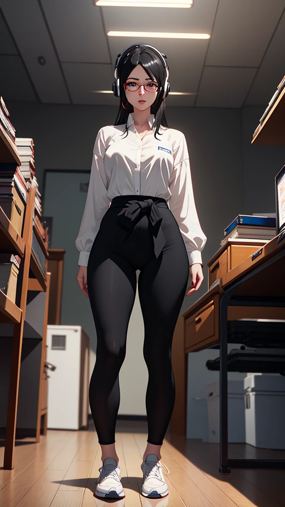 whole body, entire body, full body, total body, upright stance, erect posture, athletic shoes, waist, 20-years-old beautiful office working female, (black rim glasses), (white headphones), black hair, date clothes, Correct outfit for early summer, intellectual atmosphere, knowledge, scholarship, enthusiasm, front of whole body, immersion, concentration, sense of accomplishment, cinematic lighting, masterpiece, top quality, 4K, academic atmosphere, (masterpiece), (best quality), ultra-high res, sharp focus, high definition eyes, anime style