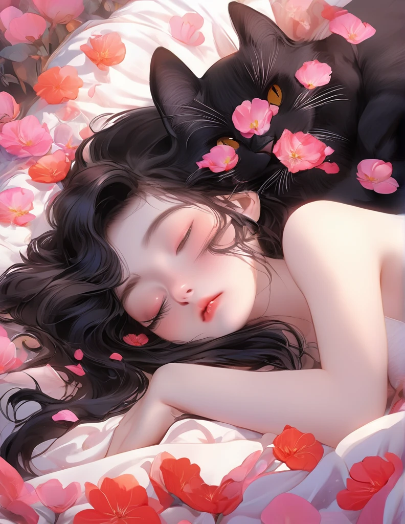 (Harem Manga style:1.2) , Hallucination, daydream , nightmare , Insane Dream , bokeh , erotica , romance ,  nudity girl and realistic cat , Petals fluttering down , (Single eyelids, round nose, swollen cheeks) , glossy lips , Collarbone , Hair blowing in the wind , Goddess of lust , lying back , (hide crotch by cats:1.5) , (hide nipple by cats:1.5) , (close up cat:1.1) , spread legs , bra