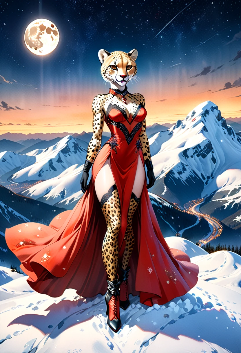 a watercolor picture of a female (cheetah anthomorph: 1.5) wearing a red evening dress, elegant, intricate detailed dress, silk dress, she wears elegant high heeled boots, exquisite high heeled boots, female cheetah anthomorph, (wild beauty: 1.3) , (ultra feminine: 1.2), ultra detailed face, fangs revealing smile, she stands on the the top of a snowy mountain, elegant cocktail party on the top of a snowy mountain background, night time, some stars the moon is rising, best details, best quality, highres, ultra wide angle, 16k, [ultra detailed], masterpiece, best quality, (extremely detailed), full body, ultra wide shot, photorealistic, ladyshado, Cinematic Hollywood Film style