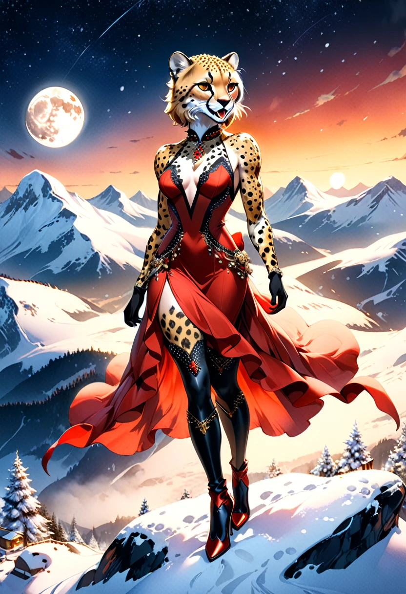 a watercolor picture of a female (cheetah anthomorph: 1.5) wearing a red evening dress, elegant, intricate detailed dress, silk dress, she wears elegant high heeled boots, exquisite high heeled boots, female cheetah anthomorph, (wild beauty: 1.3) , (ultra feminine: 1.2), ultra detailed face, fangs revealing smile, she stands on the the top of a snowy mountain, elegant cocktail party on the top of a snowy mountain background, night time, some stars the moon is rising, best details, best quality, highres, ultra wide angle, 16k, [ultra detailed], masterpiece, best quality, (extremely detailed), full body, ultra wide shot, photorealistic, ladyshado, Cinematic Hollywood Film style