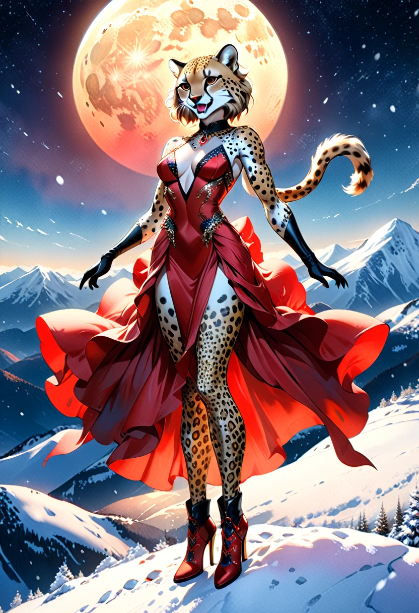 a watercolor picture of a female (cheetah anthomorph: 1.5) wearing a red evening dress, elegant, intricate detailed dress, silk dress, she wears elegant high heeled boots, exquisite high heeled boots, female cheetah anthomorph, (wild beauty: 1.3) , (ultra feminine: 1.2), ultra detailed face, fangs revealing smile, she stands on the the top of a snowy mountain, elegant cocktail party on the top of a snowy mountain background, night time, some stars the moon is rising, best details, best quality, highres, ultra wide angle, 16k, [ultra detailed], masterpiece, best quality, (extremely detailed), full body, ultra wide shot, photorealistic, ladyshado, Cinematic Hollywood Film style