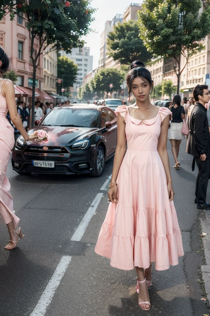 (((best quality))),(((ultra detailed))),(((masterpiece))),illustration,1girl,slim,sun-kissed skin,(vibrant rose-pink cotton dress:1.5),short ponytail,flat chest,navel,slender legs,pantyhose,sandals,standing, bustling city streets, honking cars,surrounded by crowded crowds, colorful advertisements,grilled skewers,enjoying sights and sounds,(dark black skin:1.5),day scene
