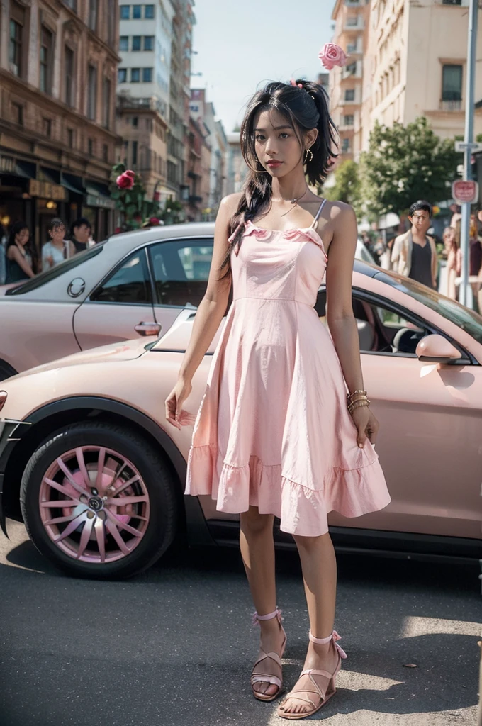 (((best quality))),(((ultra detailed))),(((masterpiece))),illustration,1girl,slim,sun-kissed skin,(vibrant rose-pink cotton dress:1.5),short ponytail,flat chest,navel,slender legs,pantyhose,sandals,standing, bustling city streets, honking cars,surrounded by crowded crowds, colorful advertisements,grilled skewers,enjoying sights and sounds,(dark black skin:1.5),day scene