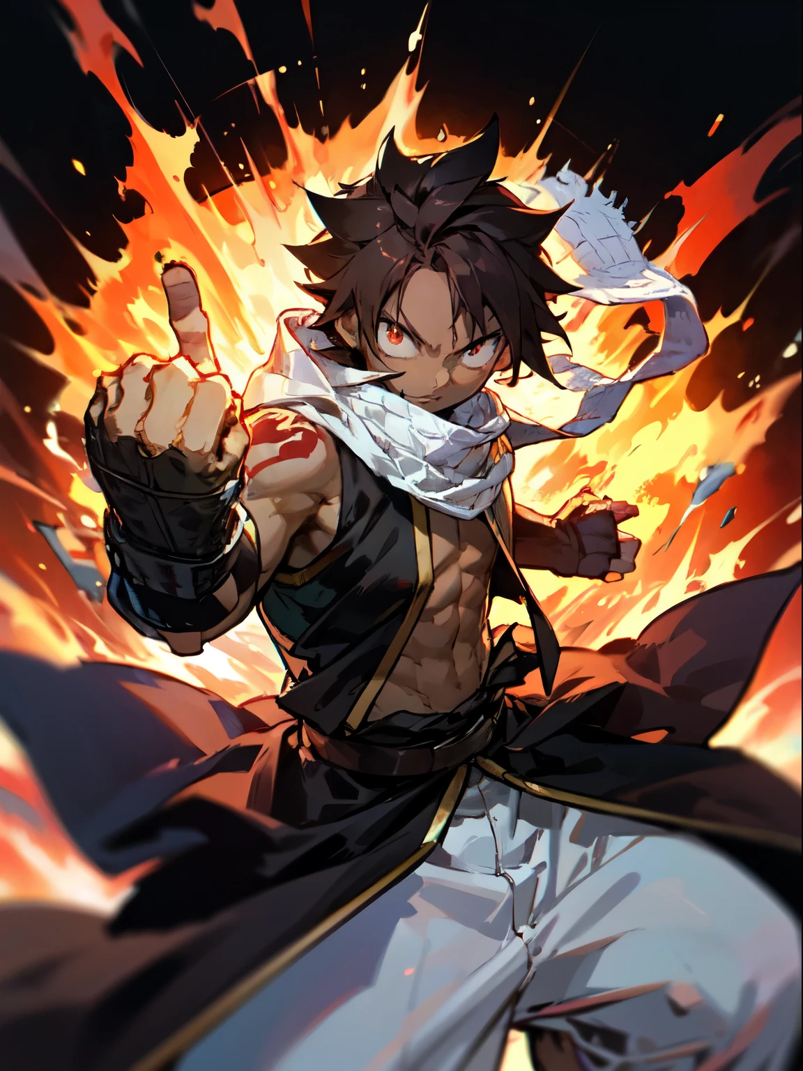 masterpiece, High resolution, high quality, Dark Skinned Teen, male, A little buff, Medium dark brown hair, Big Innocent Eyes, naked、White long torn scarf, White hooded cloak, Big black gauntlets, Dramatic show, Intensive, nice, Amazing guy, Boy of Fire、Punching pose