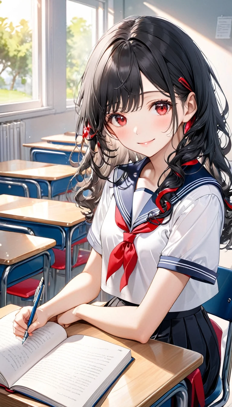 (study style) (sit in a desk chair, studying text books on the desk), (15 yo, solo:2 curly:1.3 black hair long hair lovely girl, cute red eyes, soft smile), holding a pen, in a summer school sailor suit, red ribbon, skirt), break, in the school classroom, background a Good friends, BREAK, perfect , masterpiece, best quality, 16k, beautiful detailed grow, daydreaming expression.