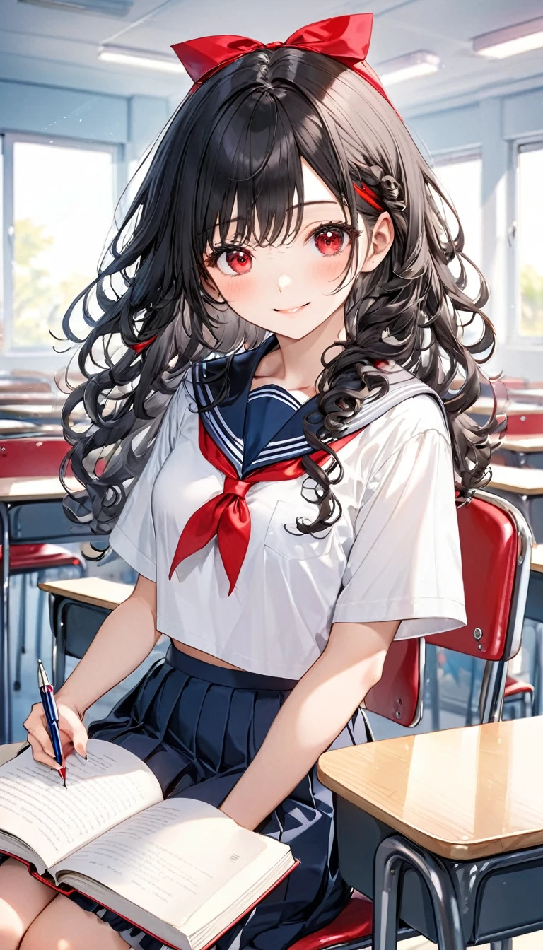 (study style) (sit in a desk chair, studying text books on the desk), (15 yo, solo:2 curly:1.3 black hair long hair lovely girl, cute red eyes, soft smile), holding a pen, in a summer school sailor suit, red ribbon, skirt), break, in the school classroom, background a Good friends, BREAK, perfect , masterpiece, best quality, 16k, beautiful detailed grow, daydreaming expression.
