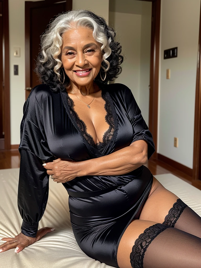 Mature old woman 80 years with black curly hair, plus size, old face and body with many wrinkles, smiling, loose skin, sitting at bedroom posing for photo, She wearing black bodysuit with large neckline, satin green robe and black lace stockings side view. jaw dropping mature older beauty, old face and body with wrinkles, old face, attractive grandma, a gorgeous old hair, beautiful old grandma, lovely older mature grandma, gorgeous beautiful grandma over 80 years old, beautiful black curly hair grandma, beautiful detailed body and face, a beautiful old granny