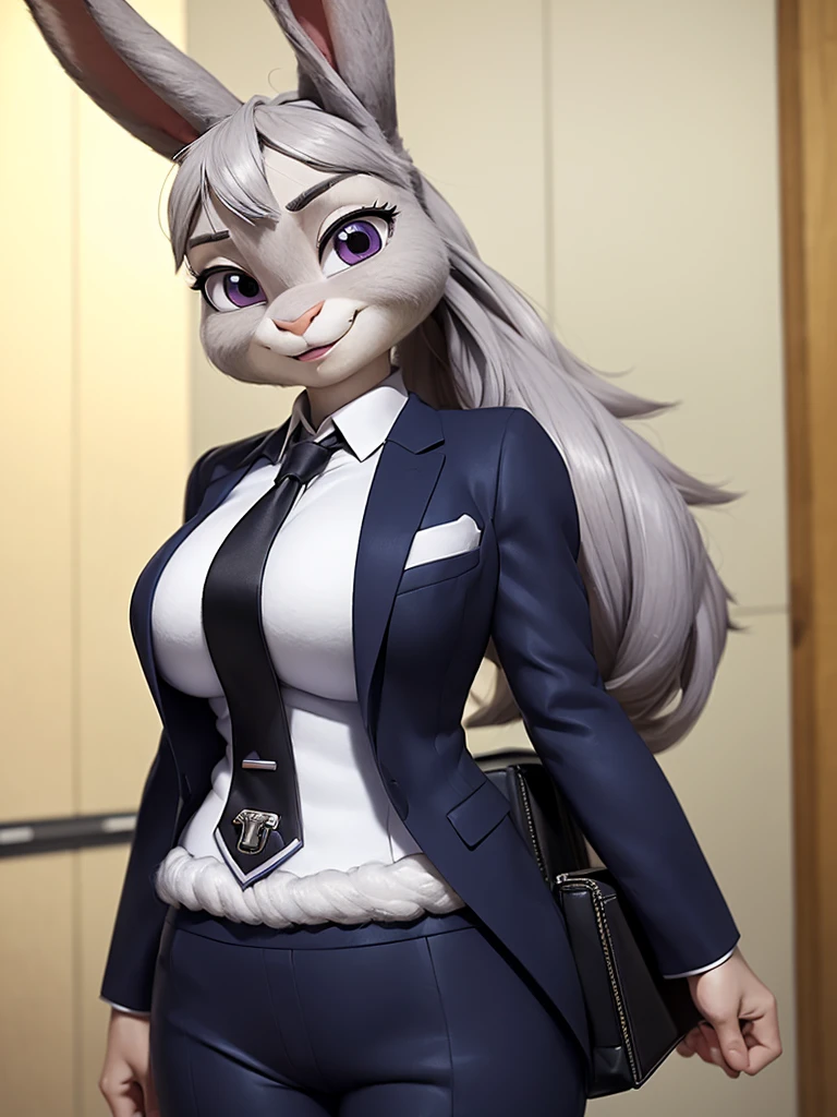 best quality,
masterpiece,
3D anime,
(((solo))),
(((1girl))),
(((Face is JudyHopps))),
(long ears like a rabbit:0.8),
Heir is in a ((ponytail)) style,
see-through bangs,
wispy bangs,
((Her eyes color is purple)),
6.5 head and body,
office suit,
office business suit outfit
 office lady,
 (((white blouse unbuttoned))),
Navel exposed,
(outfit is made of wool:1.4),
(((body is made of wool fabric))),
(((body is gray with fluffy and fluffy))),
(((skin is wool fabric with fluffy and fluffy))),
((She is blushing in the cheeks)),
((clavicle is emphasized)),
take off jacket, 
((looks like crying)),
(((her hand is placed on her chest)))