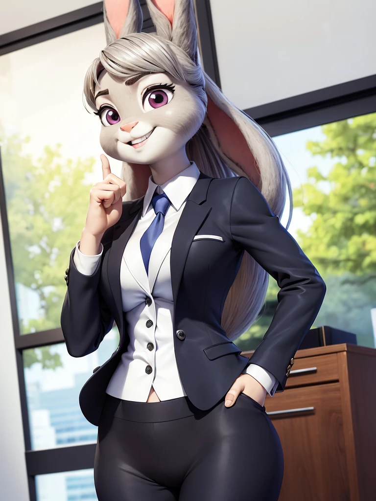 best quality, masterpiece, 3D anime, (((solo))), (((1girl))), ((Face is JudyHopps)), (long ears like a rabbit:0.8), Heir is in a black ponytail style, Body is human lady, (She wear navy blue business suit, tailored jacket, white blouse, skirt:0.9), (the suit is made of wool:1.4), ((skin is silver with fluffy and fluffy)), (portrait view), In the background there is a office space, ((Her expression shows a fresh fresh smile)), She has a business bag on her side