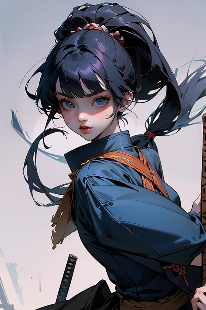 create a 1800s, badass blasian mixed girl with very long and messy black hair and blue eyes in a cool assassin outfit with a rifle and katana. give her two ponytails and bangs; anime art style