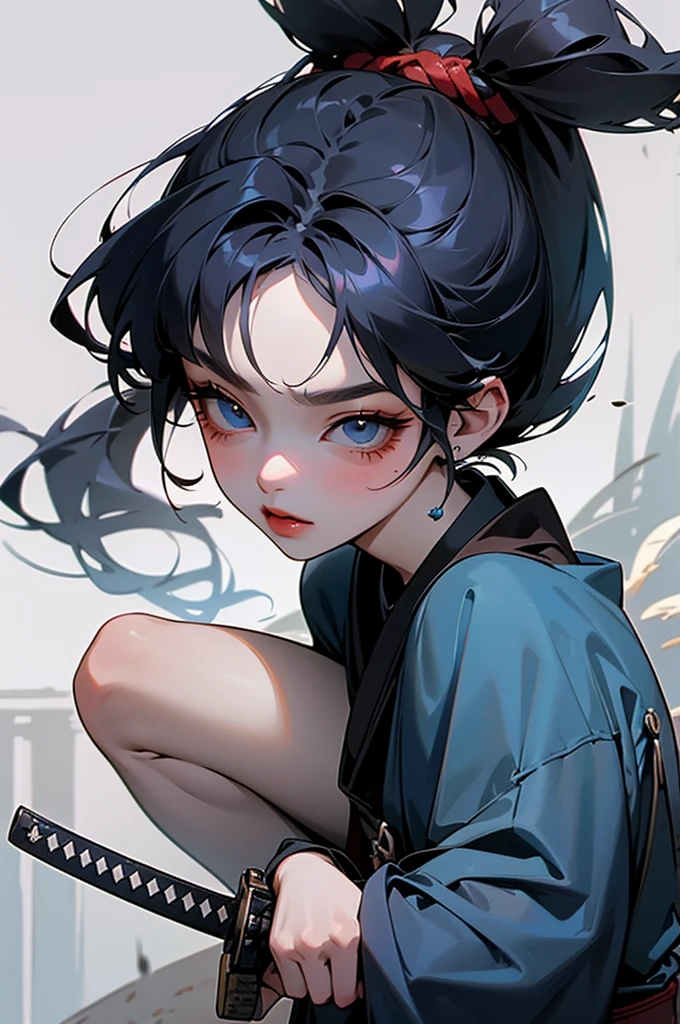 create a 1800s, badass blasian mixed girl with very long and messy black hair and blue eyes in a cool assassin outfit with a rifle and katana. give her two ponytails and bangs; anime art style
