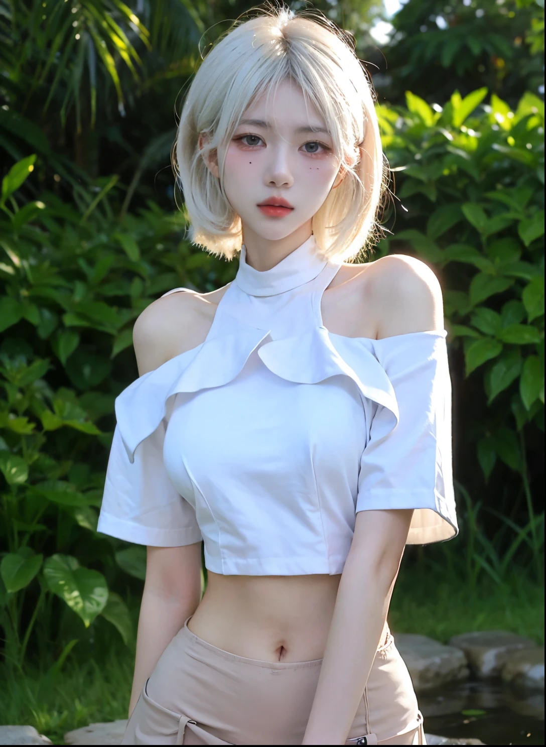 Beautiful woman with perfect figure:1.4,Ultra-high resolution,Garden Background,wear glasses,White背景,(lifelike:1.4),Layered Hairstyle,White皮肤,Super short pleated skirt,whole body,Very delicate face and skin texture,Double eyelids,Skin Whitening,Long hair,White hair,White,