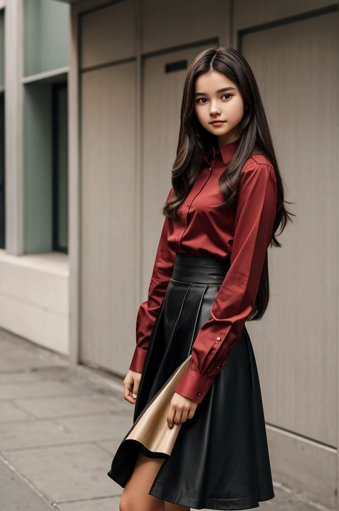 A teenager with a normal complexion, long dark brown hair, with a red long sleeve blouse, a black knee-length skirt, closed and high black shoes, without mask, and without accessories in the hands.