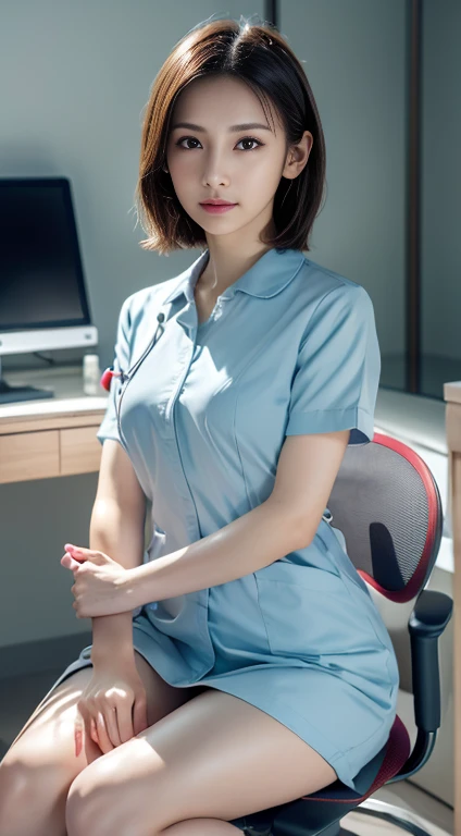 Photorealisticistic beautiful doctor、Stunningly beautiful、(nurse's uniform),(topless)、(Highest quality、8K、32k、masterpiece、Hmph:1.3)、Ultra-high resolution,(Photorealistic:1.4),RAW Photos, Detailed face,,Beautiful Hair, ((Doctor Style)), (Light blue mask),Very short hair 、Nipples、 Natural Makeup,, Small and perfect breasts、(Hospital examination room、Desk and chair、Computer on the desk、Control your computer), Detailed Background, Perfect lighting, Written boundary depth, Beautiful shadow gradation,(Stethoscope) ,Nipplesが見えている、Thin limbs、Thin thighs、whole body、Backwards、Thin pubic hair