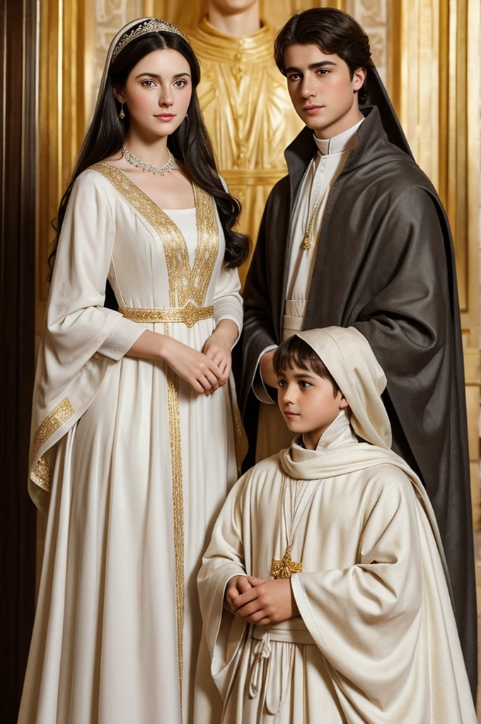 A gentle-looking woman with dark hair and gray eyes, pale complexion, rosy cheeks, wearing a beautiful white dress with golden touches next to King Baldwin IV.