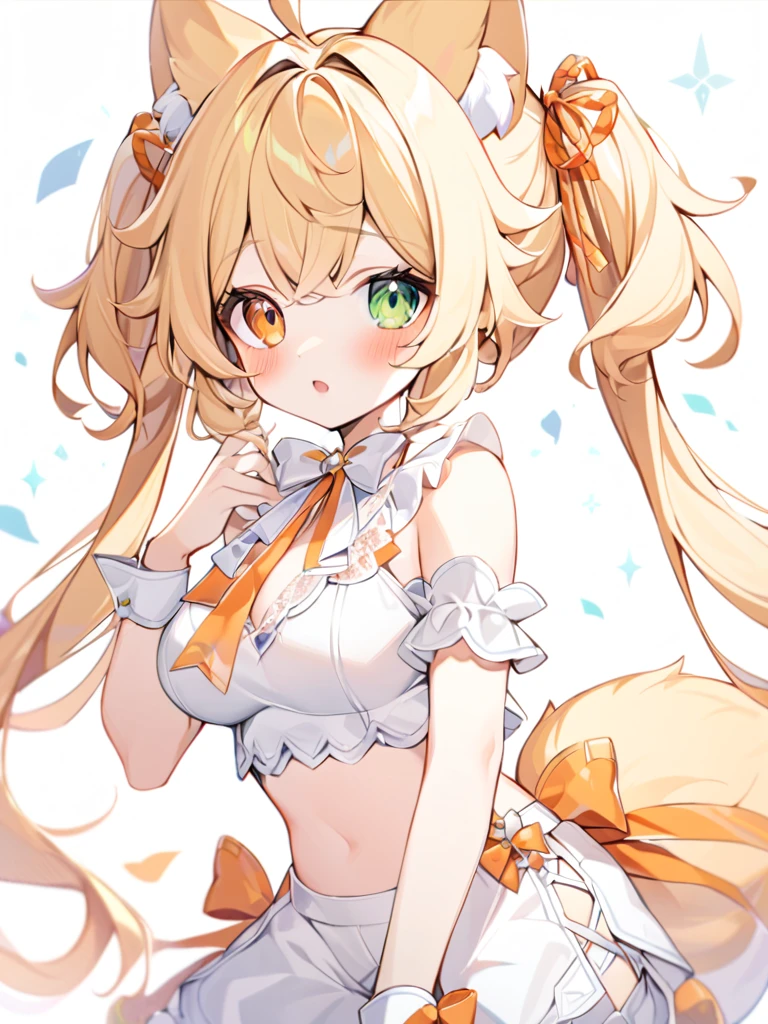 1girl, animal ears, bangs, bare shoulders, blonde hair, blush, bow, breasts, white cleavage, cropped torso, , green eyes, hair ribbon, heterochromia,  stlooking at viewer, open mouth, orange bow, orange eyes, orange ribbon, ears like an unearthly animal, fluffy tail, light tail, real tail, ribbon, solo, stuffed animal, stuffed bunny, stuffed toy, twintails, upper body, full-length, white legbands, white shoes with lace and white bows, white background, wrist cuffs, yellow eyes, bloomers, close-up, fair skin frills, lace, midriff, skirt, solo, , white background,shorts, white top with ribbon and lace and trousers,trousers, genshin,white slippers with a bow,All clothes are white, laceAt full height, it stands, в полный рост