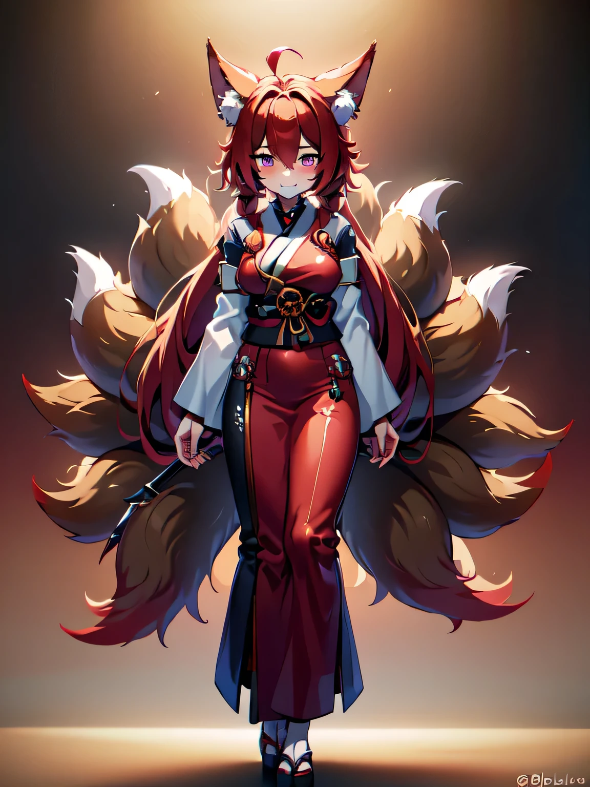 Full body view, solo woman, kitsune woman, beautiful and cute eyes, red fox ears, long hair, (red hair), hair between eyes, red fox tails, twintails,fluffy tails, shy face, light smile, samurai suit , absurdres, extreme detail, blushing, shaded, detailed lighting, cinematic lighting,  high resolution, high details, best quality, high definition, (high sharpness:1.3), sidelocks,