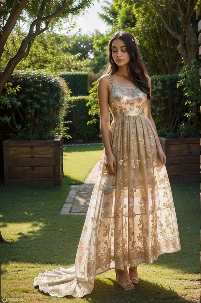 A stunning young woman stands gracefully in a picturesque garden, wearing an elegant floral gown. The gown features a flowy, floor-length design with vibrant, colorful floral patterns that evoke a sense of springtime beauty. The setting sun casts a warm, golden glow, highlighting her serene expression and the intricate details of the gown. The background showcases lush greenery, blooming flowers, and a tranquil atmosphere, enhancing the enchanting and romantic ambiance of the scene."