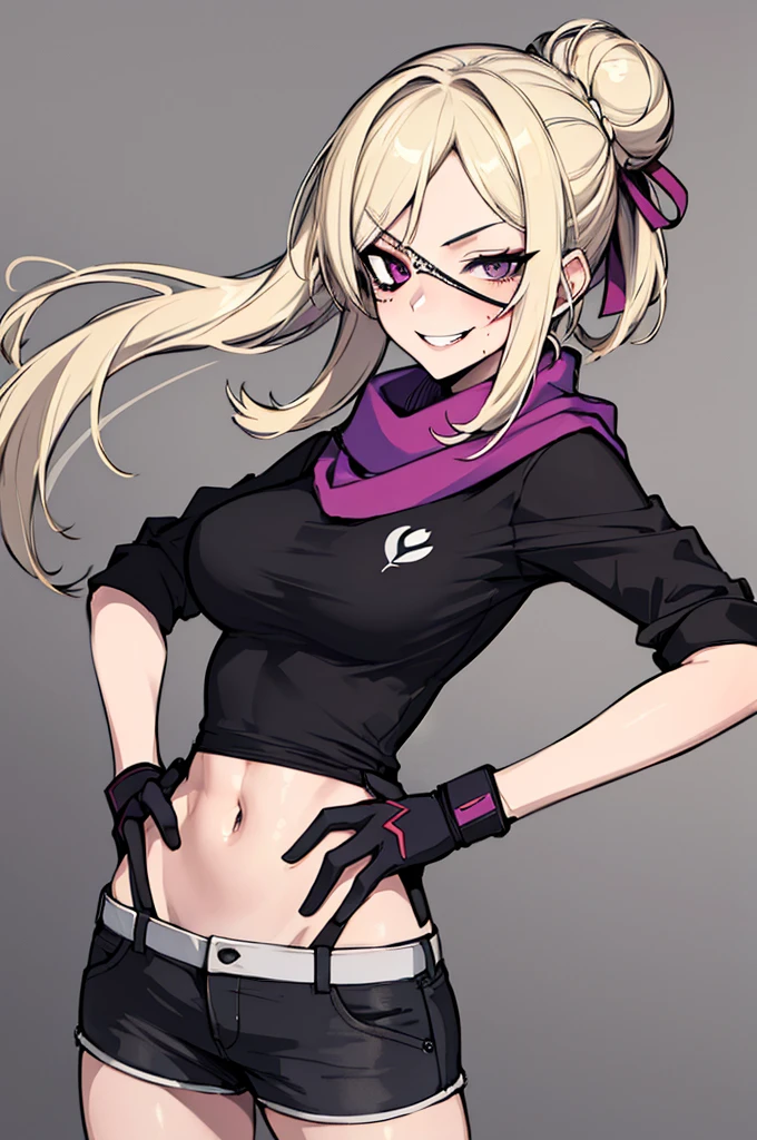 (absurdres, 8k, 4k, masterpiece, hyper extreme detailed:1.2), solo, 1girl, front view, perfect face, 1girl, portrait, looking at viewer, solo, standing, Female, toned body, mature female, medium breasts, pale, blonde hair, medium hair, sarcastic, delinquent, purple eyes, swept bangs, scars, casual wear, street wear, gross, messy, dirty, bloody, snarky, smirk, medium body, gyaru, crazy face, crazy smile, crazy eyes, hands on hips, shorts, wind, windy hair, moving hair, black ribbon, hair buns, adventurous, scarf, gloves, draping hair, eye patch, shirt,