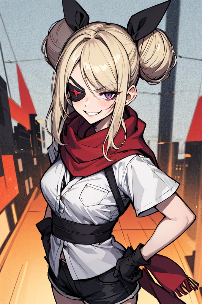 (absurdres, 8k, 4k, masterpiece, hyper extreme detailed:1.2), solo, 1girl, front view, perfect face, 1girl, portrait, looking at viewer, solo, standing, Female, toned body, mature female, medium breasts, pale, blonde hair, medium hair, sarcastic, delinquent, purple eyes, swept bangs, scars, casual wear, street wear, gross, messy, dirty, bloody, snarky, smirk, medium body, gyaru, crazy face, crazy smile, crazy eyes, hands on hips, shorts, wind, windy hair, moving hair, black ribbon, hair buns, adventurous, scarf, gloves, draping hair, eye patch, shirt,