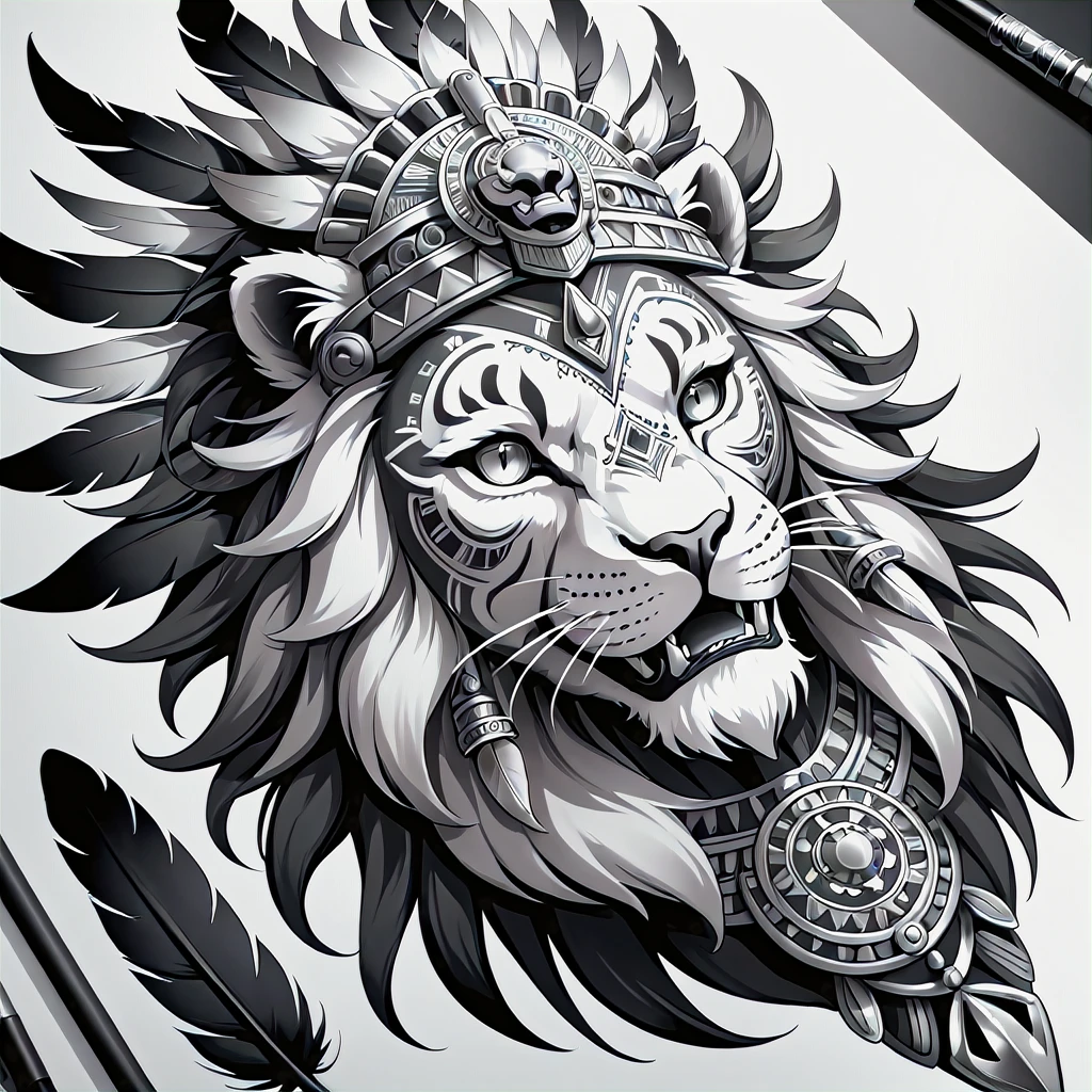 mictecacihuatl lion god of death black and grey tattoo style , highly detailed lion as face with feather headdress 