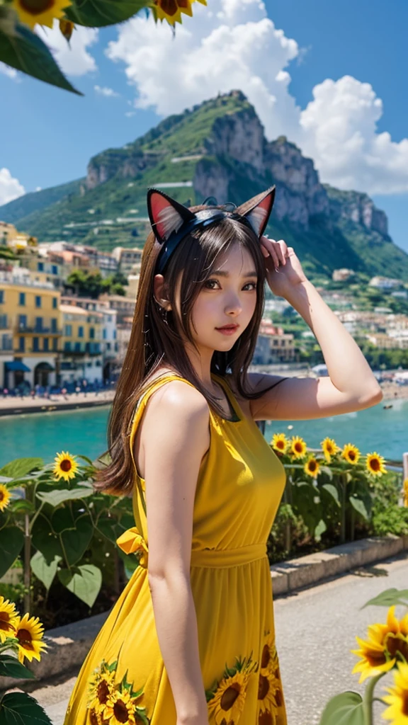 Beautiful girl walking seashore,
the stunning Amalfi Coast in Italy, with viewers enjoying the traditional Italian lemon liqueur, Limoncello, in hand as they take in the breathtaking scenery,
Capture the picturesque coastal villages along the Amalfi Coast, such as Positano, Amalfi, and Ravello, with their colorful buildings cascading down the cliffs towards the azure Mediterranean Sea,
Focus on the rugged coastline, with images of dramatic cliffs, hidden coves, and crystal-clear waters that create a paradise-like setting for relaxation and exploration,(sunflower:1.5),
(Cat ears:1.3), (Cow pattern dress:1.2),