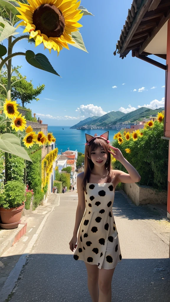 Beautiful girl walking seashore, 
the stunning Amalfi Coast in Italy, with viewers enjoying the traditional Italian lemon liqueur, Limoncello, in hand as they take in the breathtaking scenery,
Capture the picturesque coastal villages along the Amalfi Coast, such as Positano, Amalfi, and Ravello, with their colorful buildings cascading down the cliffs towards the azure Mediterranean Sea,
Focus on the rugged coastline, with images of dramatic cliffs, hidden coves, and crystal-clear waters that create a paradise-like setting for relaxation and exploration,(sunflower:1.5),
(Cat ears:1.3), (Cow pattern dress:1.2),