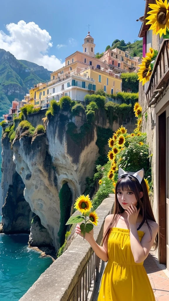 Beautiful girl walking seashore,
the stunning Amalfi Coast in Italy, with viewers enjoying the traditional Italian lemon liqueur, Limoncello, in hand as they take in the breathtaking scenery,
Capture the picturesque coastal villages along the Amalfi Coast, such as Positano, Amalfi, and Ravello, with their colorful buildings cascading down the cliffs towards the azure Mediterranean Sea,
Focus on the rugged coastline, with images of dramatic cliffs, hidden coves, and crystal-clear waters that create a paradise-like setting for relaxation and exploration,(sunflower:1.5),
(Cat ears:1.3), (Cow pattern dress:1.2),